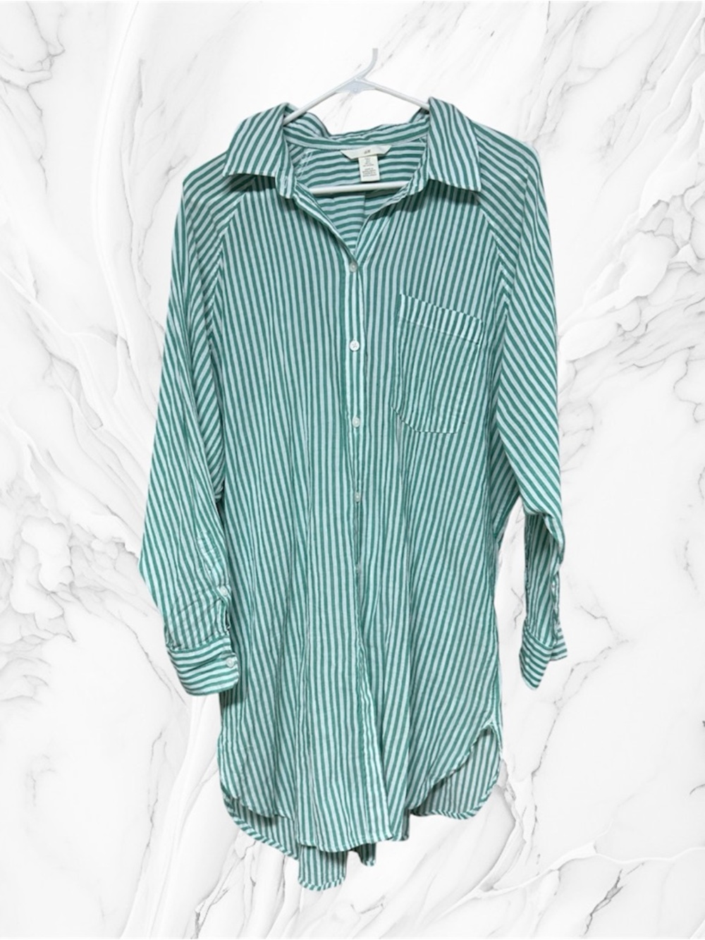 H&M Green & White Striped Casual Button-Down Shirt dress size small cotton